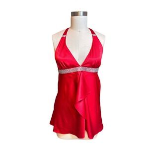 Victoria Secret Vintage Y2K Satin Chemise top L Red Rhinestone T-Back Babydoll